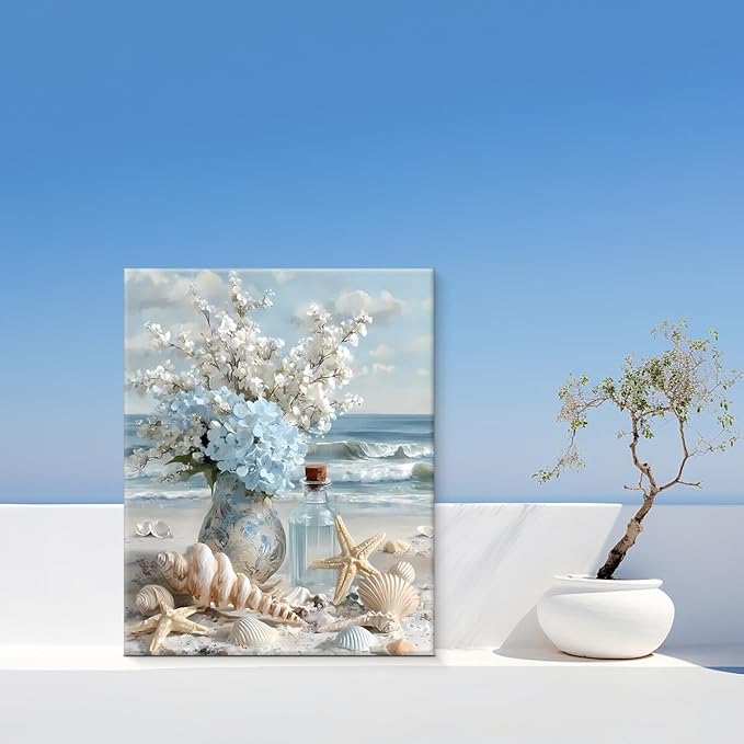 Coastal Beach Floral Wall Art Decor Nautical Seashell Flower Vase Painting Picture Artwork Blue Ocean Wall Decor for Home Beach Room Bedroom 8x10 Canvas Framed