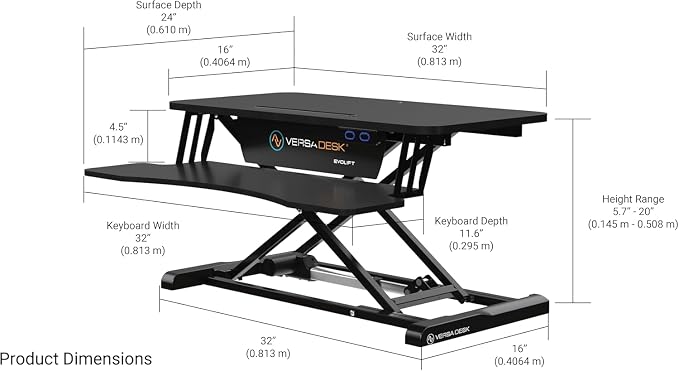 VERSADESK EvoLift 32" Electric Standing Desk Converter, Sit to Stand Motorized Desk Riser, 1-Button Easy Lift, Dual Monitor Workstation, Wide Keyboard Tray, Built-in Device Stand, Black