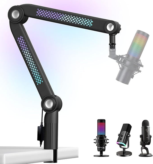 YOUSHARES RGB Mic Arm, Adjustable Boom Arm with RGB Control, Multiple Adapters, Compatible with Blue Yeti, HyperX，FIFINE AM8, Shure Mic，Rode and More, Perfect for Podcasting, Streaming and Gaming
