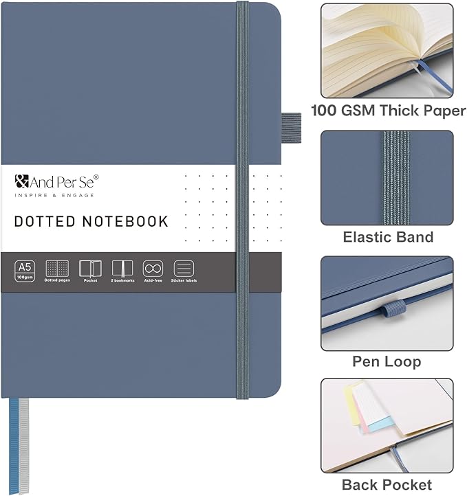 &And Per Se Dotted Journal Notebook – A5 Hardcover, 160 Pages 100gsm Paper, Dot Grid Notebook for Planning & Creative Journaling, 3 Sticker Sheets Included (Dark Blue)