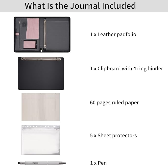 Wonderpool Travel Zippered Portfolio 3 Ring Binder A4 Padfolio Document Case with Removable Clipboard Legal Pad Holder, Business Office School Organizer for Men and Women (Pink)