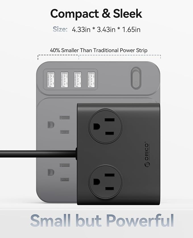 ORICO Power Brick, 25W GaN Power Strip, 8 in 1 Extension Cord with 4 AC Outlets and 2 USB-A and 2 USB-C Ports, 5ft Flat Plug Black Outlet Extender for Home/Dorm/Travel ETL Listed-PDC (1 PC)