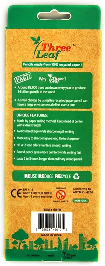 three leaf Recycled Paper Pencils (Pack of 10) - 100% Eco Friendly, Earth Friendly Pencil with Latex Free Eraser - Non toxic Wood free Pencil, 2 HB