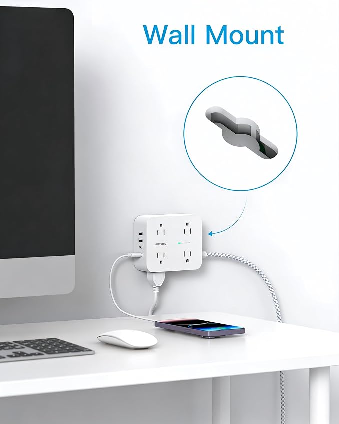 PD 30W USB C Power Strip Surge Protecor, HANYCONY 8 Outlets 4 USB(2 USB C Ports), 1080J Desk Charging Station for Multiple Devices, 15 Ft Flat Plug Extension Cord for College Dorm Room Essentials