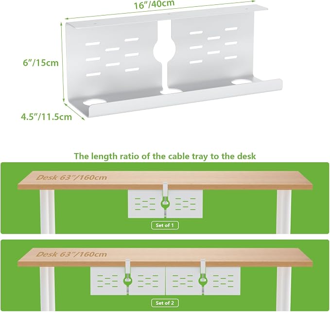 KEEGH 16 in Under Desk Cable Management Tray, Capacity Cable Tary, 3 Pack | No Drill Clamp Mount, Heavy Metal, Cord Management Tray for Home Office, Gaming Desk, Standing Desk, White