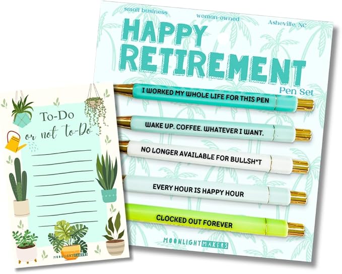 Moonlight Makers Funny Pens and Notepad Stationery Set - 5 Sarcastic Engraved Ballpoint Pens, Black Ink, Funny Office Gifts for Women, Teachers, Coworkers, Novelty Gag Gift Set - Happy Retirement Pen
