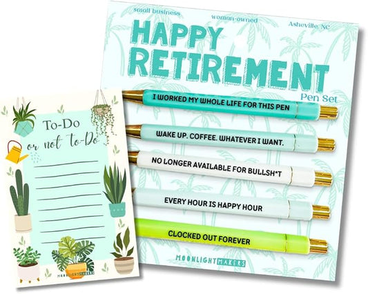 Moonlight Makers Funny Pens and Notepad Stationery Set - 5 Sarcastic Engraved Ballpoint Pens, Black Ink, Funny Office Gifts for Women, Teachers, Coworkers, Novelty Gag Gift Set - Happy Retirement Pen
