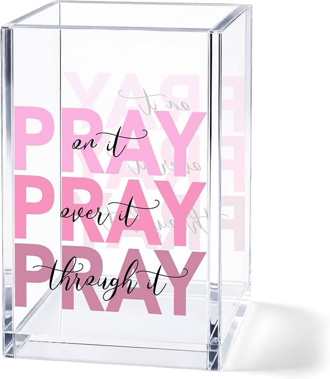 Christian Acrylic Pen Holder Cup, “Pray Over It Prays On It Pray Through It” Bible Verse Desk Decor, Pink Office Desk Organizer, Inspirational Gift for Women, Religious Desk Accessory