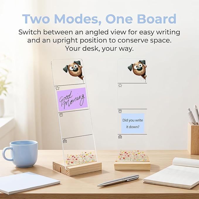 Sticky Note Holder, Monitor Memo Board, Acrylic Post It Note Holder with Wooden Base, Includes 200 Notes, Desk Organizer for Office, Cute Dog Design
