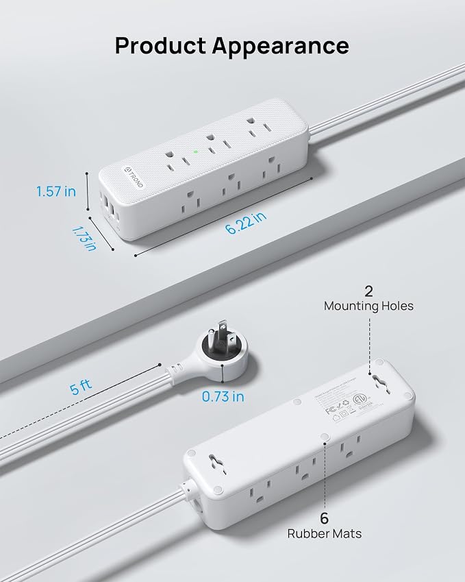 TROND 360° Rotating Flat Plug Power Strip with USB PD 20W, 5FT Flat Extension Cord Surge Protector 1300J with 9 Outlets 4 USB Ports, Wall Mountable, for Home Office Travel Dorm Room Essentials, White