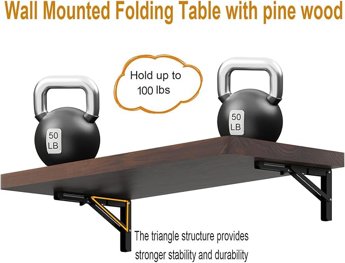 IAE Wall Mounted Folding Table with Pine Wood,36" x 14" Floating Wall Desk,Laundry Folding Table with Shelf Brackets,Fold Down Desk Shelf,Fold Workbench for Apartments,Home,Laundry Room,Kitchen,Brown