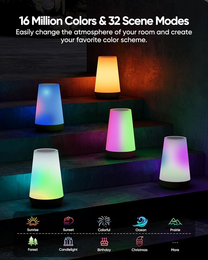Smart Table Lamp Compatible with Alexa, Dimmable Nursery Night Light with App/Voice Control & Music Sync, RGB Warm Light Bedside Lamp for Kids with Timer, Cable and Adapter Included