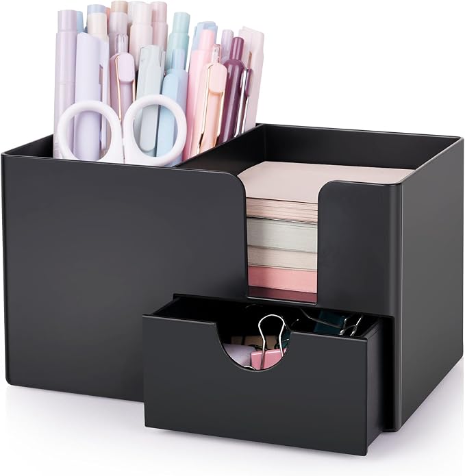 SKYDUE Small Desk Organizer with Drawer | 3 Compartments, Desk Pen Holder, For Home, School, Office & College Dorm Room