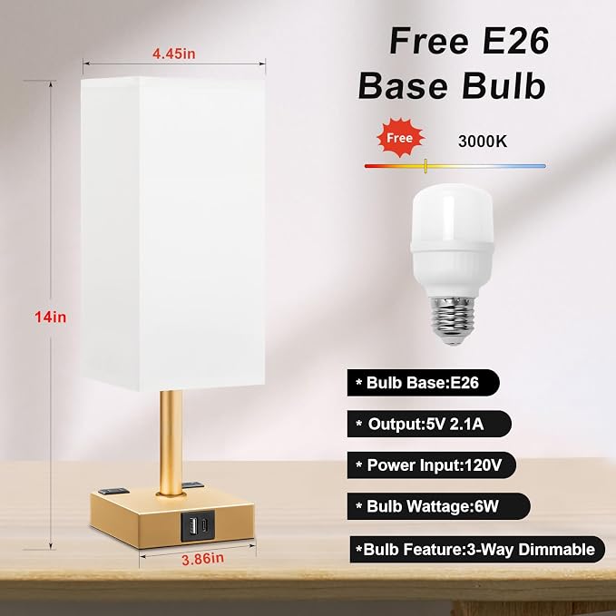 aooshine Gold White Touch Table Lamp - Bedside Lamp with USB A + Type C Charging Ports and Two AC Outlets, Small Night Stand with E26 LED Bulb, Desk Light for Bedroom Living Room Office Dorm