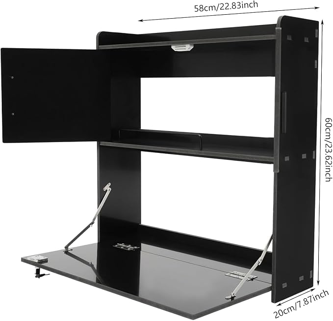 Wall Mounted Folding Desk with LED Light, Space-Saving Laptop Table for Home Office, Writing Workstation with Storage Shelves and Drawer, Floating Cabinet, 58x20x60cm (Black)