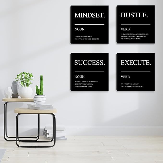 Home Office Wall Decor - Framed Motivational Wall Art for Office - Inspirational Hustle Wall Art - Mindset Canvas Wall Art Decorate for Living Room Bedroom Men Office Decor - 16"x16"x4PCS