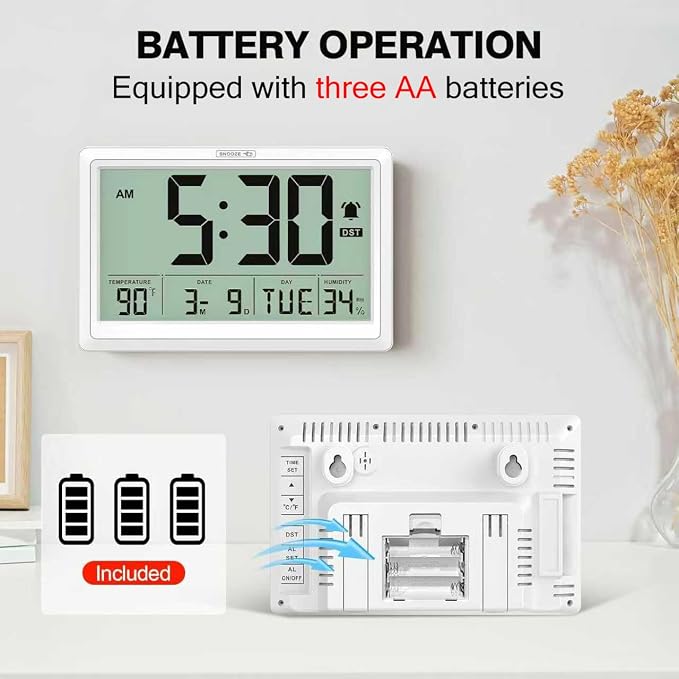 XREXS 10.4 Inch Digital Wall Clock Battery Operated Large Display Clock | Digital Calendar with Indoor Temperature/Humidity/Date/Day, Auto DST for Classroom, Livingroom, Office(No Backlight)(White)