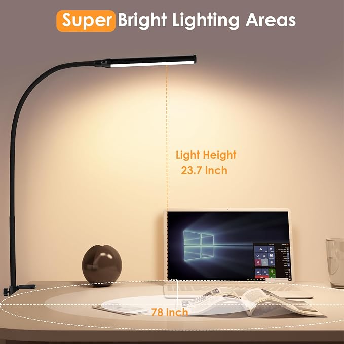 ShineTech LED Desk Lamp with Clamp, Clip On Desk Lamp for Home Office, 3000K Warm White & 11 Brightness Level, Flexible Gooseneck Architect Desk Light, Eye Caring Reading Lamp with USB Adapter