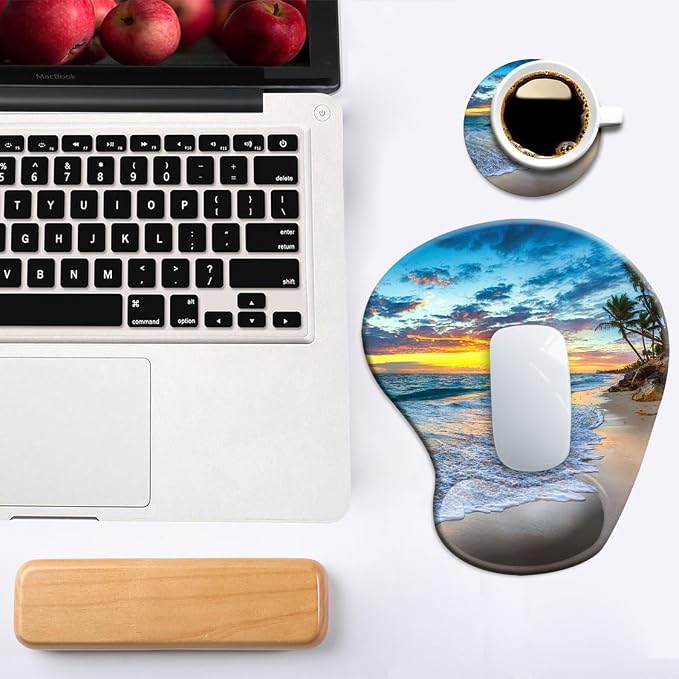 DOOKE Ergonomic Mouse Pad with Wrist Support and Coaster,Mouse Pads with Non-Slip PU Base for Home Office Working Studying Easy Typing & Pain Relief Natural Beach