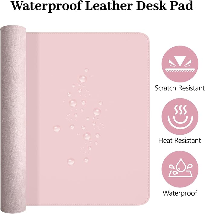 Pink Leather Desk Pad and Keyboard Wrist Rest, 27.6"x13.8" | 3in1 Mouse pad + Keyboard Wrist Rest + Mouse Wrist Rest, Non-Slip Waterproof Desk Writing Pad for Office and Home