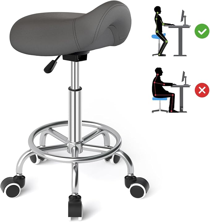YEEZEE Saddle Stool Ergonomic, Saddle Chair with Wheels, Grey | Comfortable Wide Thick Saddle Seat Padding, 360°Swivel, Adjustable Height, Ring Pedal Design, for Medical Massage Salon Spa