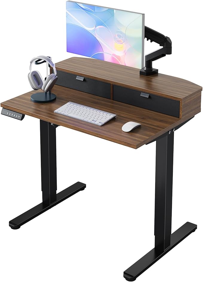 HUANUO 32 x 21 inch Small Electric Standing Desk with 2 Drawers, C-Clamp Mount Compatible, Height Adjustable Sit Stand Desk, Home Office Stand Up Desk with 4 Memory Height Settings, Walnut