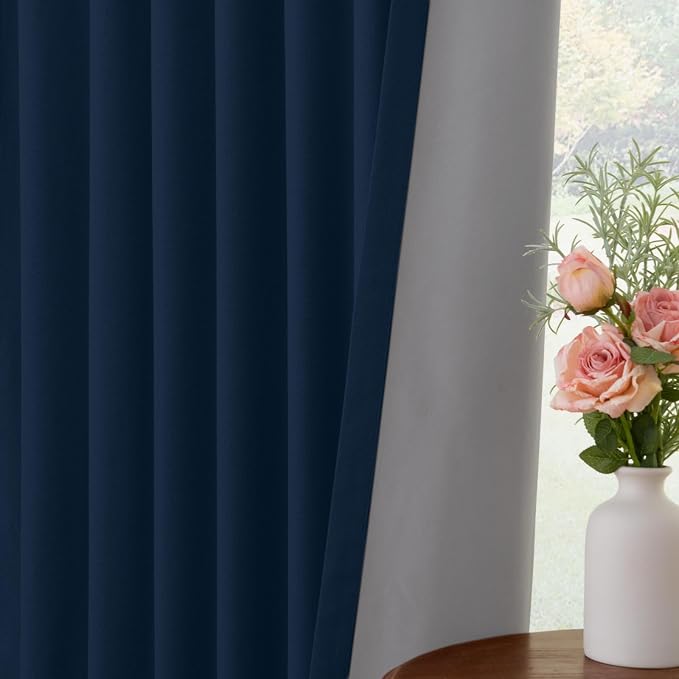 INOVADAY 100% Blackout Curtains for Bedroom, Black Out Curtains 80 Inch Long, Clip Rings Linen Blackout Drapes, Thermal Insulated Room Darkening for Living Room, 2 Panels - Midnight Blue, W50xL80