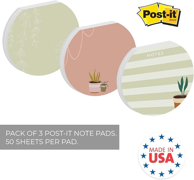 Plant Theme Sticky Note Pad Assortment/Set of 3 Round Flat Top Plant Lady Note Pads / 3.5" Succulent Sticky Notes / 50 Sheets Per Pad/Made in USA