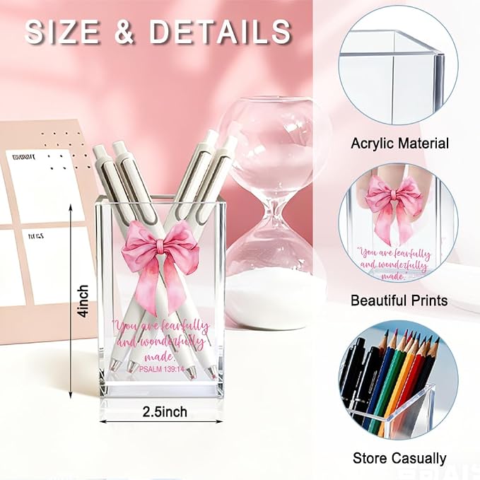 You Are Fearfully And Wonderfully Made Acrylic Pencil Pen Holder Cup, Psalm 139:14 Makeup Brush Storage Organizer, Cute Bow Desk Accessories Holder, Graduation Gifts for Daughter Niece