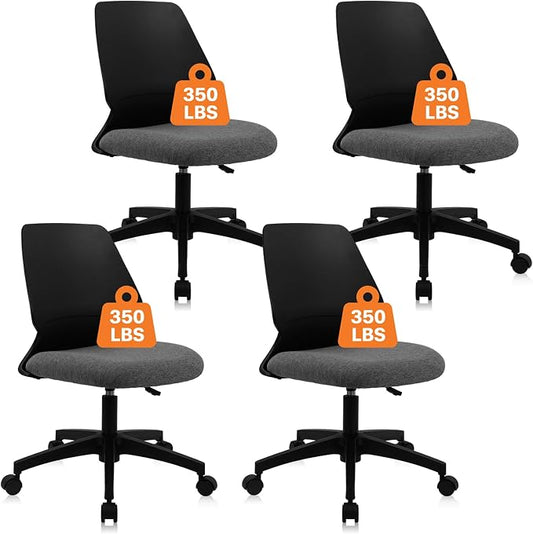 CLATINA Armless Home Office Chair, Ergonomic Small Desk Chair with Wheels and Soft Thick Upholstered Cushion, Comfy Adjustable Height Swivel Computer Task Chair for Conference Waiting, Black, 4Pack