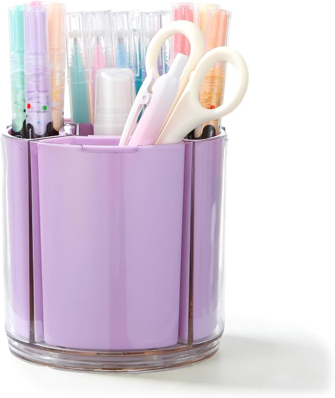 Comix 360° Rotating Pen Holder for Desk, Purple Pencil Holder with 5 Slots | Expandable Capacity, Acrylic Pen Organizer Easy to Clean, Cute Pencil Cup for Home School Office Art Supplies