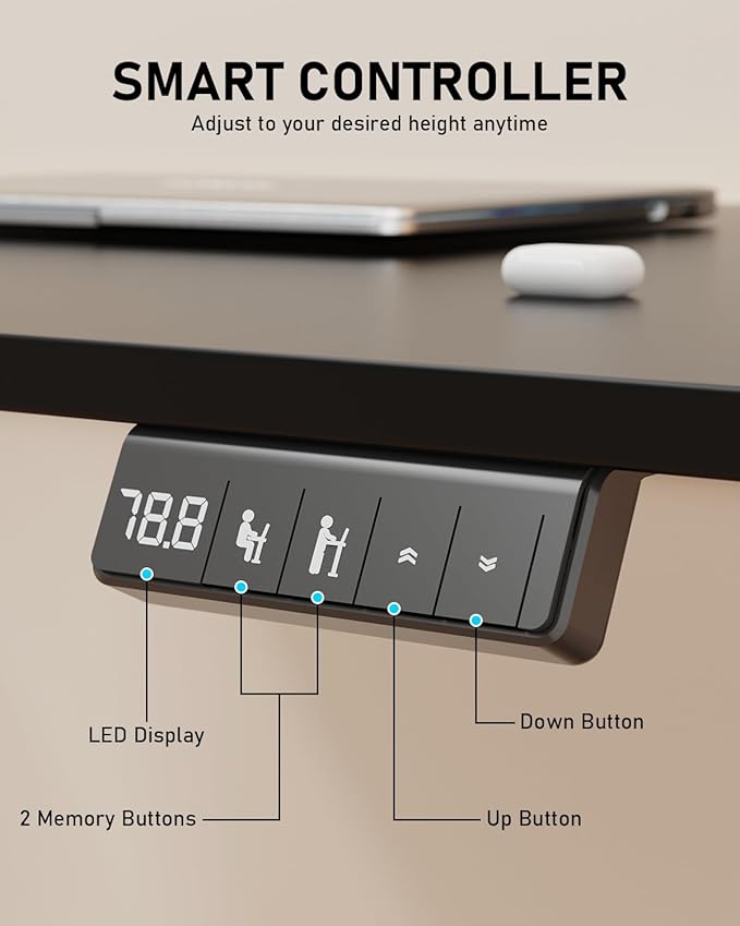 55" Electric Standing Desk Adjustable Height, Sit Stand up Desk for Home Office & Computer Workstation, 2 Memory Height Settings, Splice Board, 2 Hooks, Black Frame/Black Top