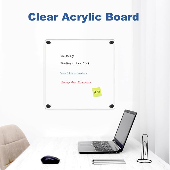 Clear Acrylic Dry Erase Board, 12" X 12" Non-Magnetic Frameless White Board for Wall, Clear Erasable Acrylic Board for Wall, Home, Office, School, 2 Markers