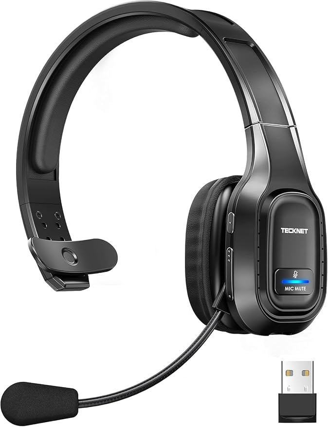 TECKNET Trucker Bluetooth Headset, Trucker Bluetooth Headphones with Microphone AI Noise Canceling Wireless On Ear Headset, Hands Free Wireless Headset for Cell Phone Computer Office Home (Black)