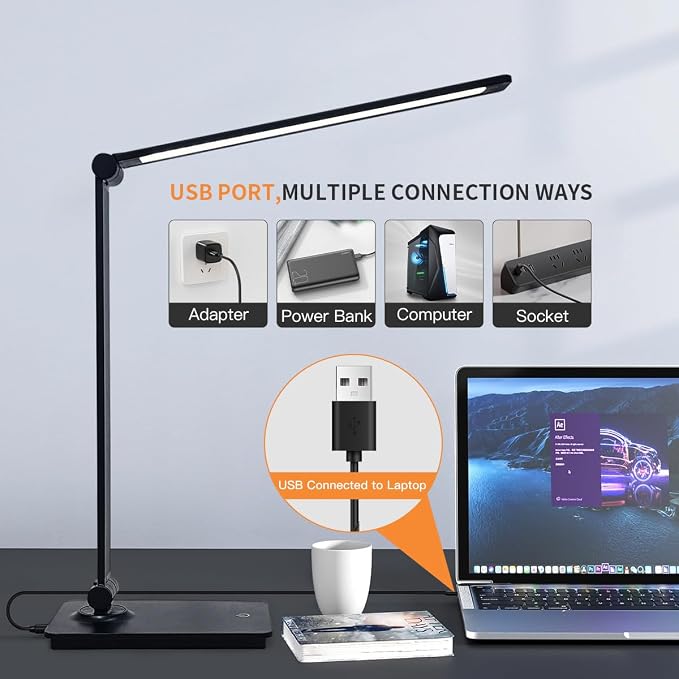 LUJOLUMIN Foldable LED Desk Lamp, 700LM Eye-Caring Light with USB Cable | Metal Dimmable Table Lamp, 3 Brightness Levels, Touch Control, for Home Office Kids