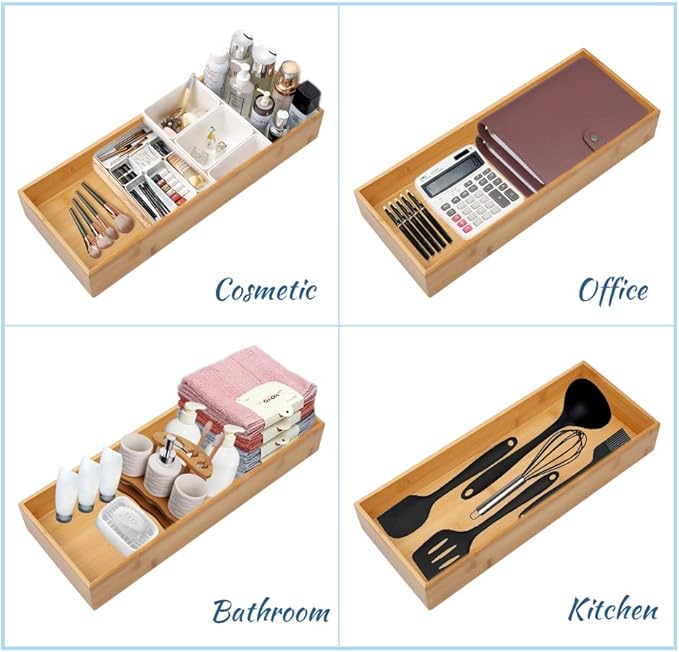 PRATIQUE Bamboo Drawer Organizer - Kitchen Utensil Organizer Silverware Tray Cutlery Holder，Office Desk Supplies and Accessories (5.9x3x2.6 inch)