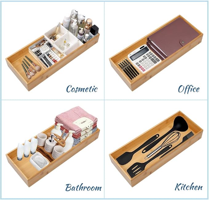 PRATIQUE Bamboo Drawer Organizer - Kitchen Utensil Organizer Silverware Tray Cutlery Holder，Office Desk Supplies and Accessories (12x3x2.6 inch)