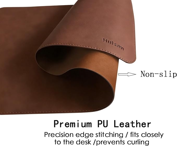 Soft Anti-Curl Faux PU Desk Mat 23.6"x13.8", Waterproof Heat Safe Non-Slip Vintage Desk Pad, Stitched Edge Wipeable Tear Resistant Desktop Protector for Work from Home Office (Brown)
