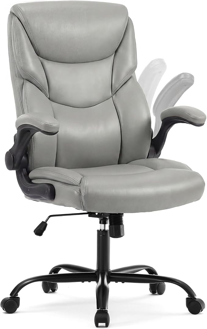 DUMOS Office Chair Set of 2 - Ergonomic Executive Computer Desk Chairs with Adjustable Flip-up Armrest, Swivel Task Chair with Lumbar Support, Strong Metal Base, PU Leather, Grey