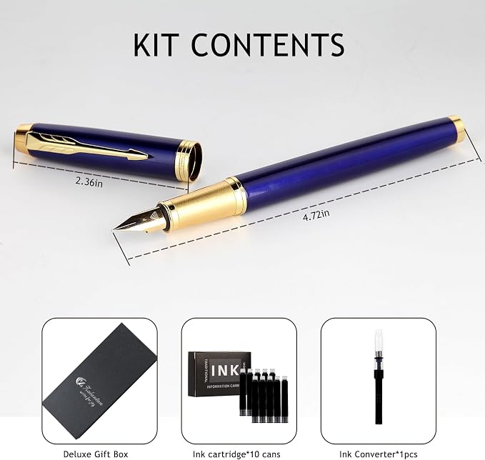 Fountain Pen,luxury pens,Fine point smooth writing pens for journaling fancy pens with Gift Case 10 black ink cartridges an ink converte nice pens writer gifts（Bule）