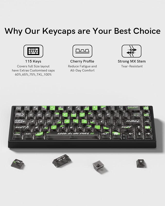 115 Keys Transparent Keycaps with Black Character Cherry Profile Keycaps Set Fit for 60% 65% 75% Cherry Mx Switches Mechanical Keyboard