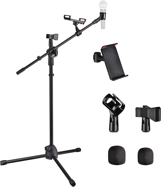 AW Microphone Boom Arm Stand w/Dual Mic Clips Adjustable Tripod Phone Mount Holder for Performance Singing Wedding Stage and Outdoor