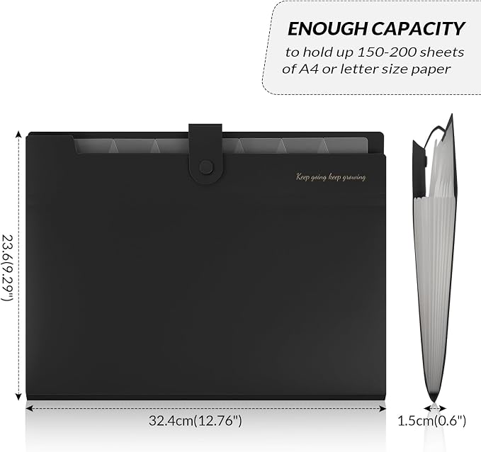 SKYDUE Accordion File Organizer, Expanding File Folder with 8 Pockets, Portable Document Paper Organizer, Letter/A4 Size Filing Folder，School Office Supplies Hospital Bag Essentials Black