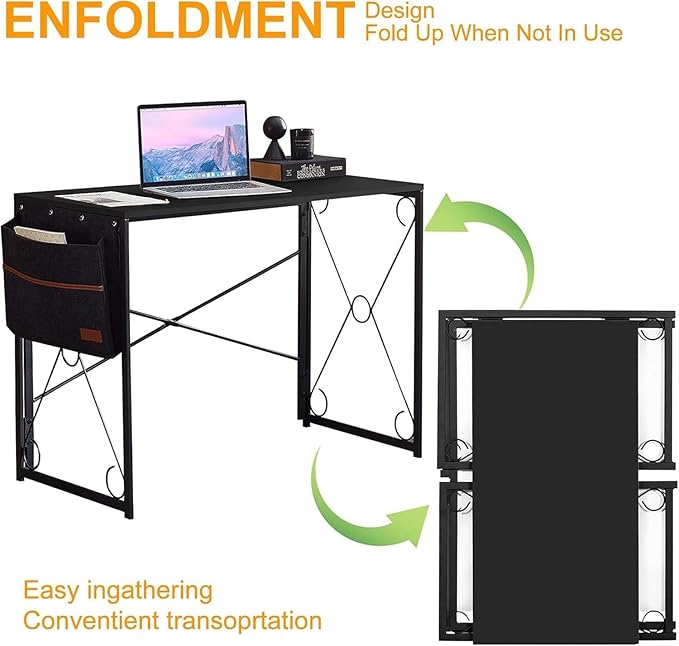 VECELO 39 Inch Folding Desk Simple Assembly, Writing Computer Desk for Home Office Study Office Foldable Table for Small Spaces,Classic Black