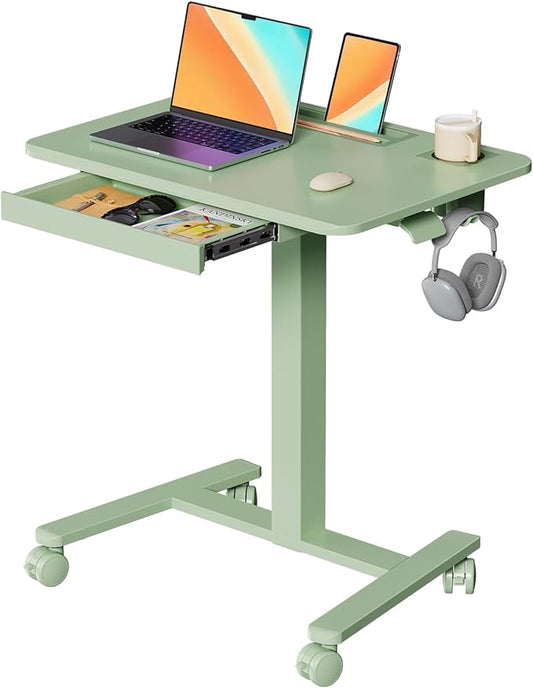 28" Mobile Standing Desk with Drawer, Portable Laptop Desk | Rolling Desk with Cup Holder and Hooks, Height Adjustable Computer Cart with Storage, Lockable & Hidden Wheels, Sage Green
