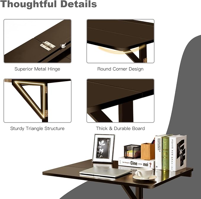 COSTWAY Wall Mounted Folding Table, 31.5" x 23.5" Drop-Leaf Floating Writing Desk for Small Spaces, Space-Saving Fold Down Laptop Workstation for Kitchen, Bedroom, Laundry Room, Study Room (Brown)