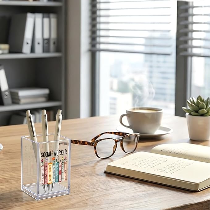 Social Worker Acrylic Organizer Pencil Pen Holder, Book-Themed Desk Organizer, Work Anniversary Social Work Month Gifts for Society Worker Counselor Book Lover, Graduation Gifts for Student