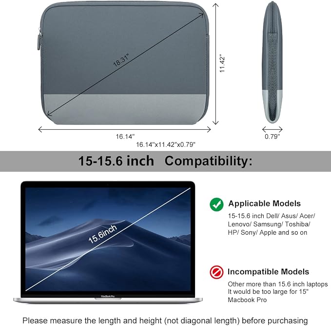 AULEEP 15-15.6 Inch Laptop Sleeves, Neoprene Notebook Computer Pocket Tablet Carrying Sleeve/Water-Resistant Compatible Laptop Sleeve for Acer/Asus/Dell/Lenovo/HP (Gray Stitching)