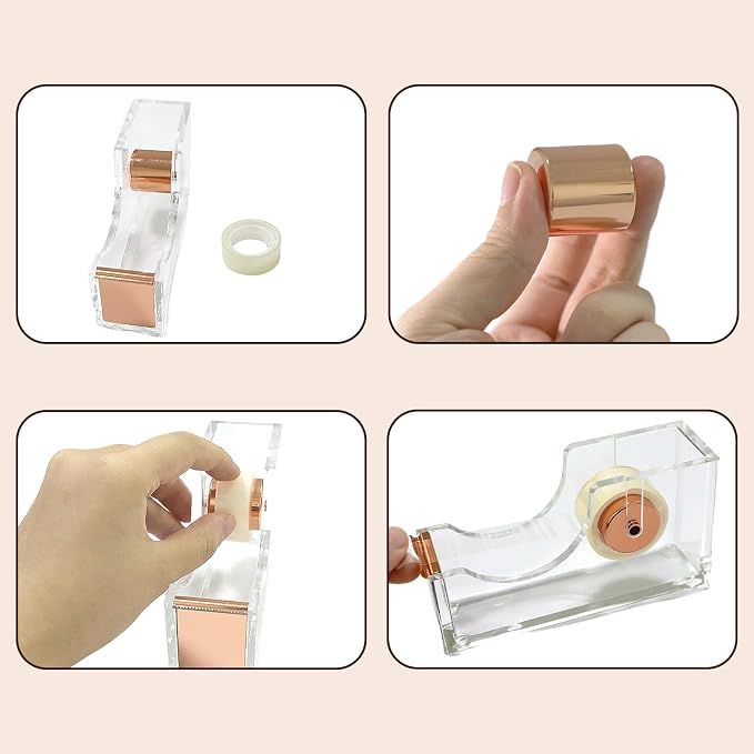 Rose Gold Clear Acrylic Tape Dispenser, Heavy Duty Non-Slip Desk Tape Dispenser with Serrated Stainless Steel Blade, Single Hand Dispensing Tape Holder for Office Home School Gift Wrapping