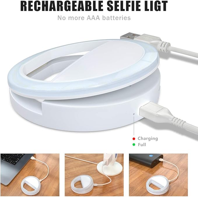Meifigno Selfie Ring Light, [Rechargeable] with 36 LED Lights, 3-Level Adjustable Brightness Clips On Phone Ring Light Compatible with iPhone 16 15 14 13 12 11 Plus Pro Max iPad Laptop Samsung, White